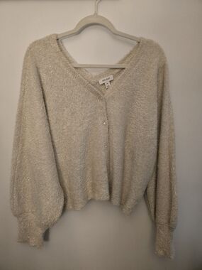 ON 34th Cream Sparkle V-Neck Fuzzy Sweater